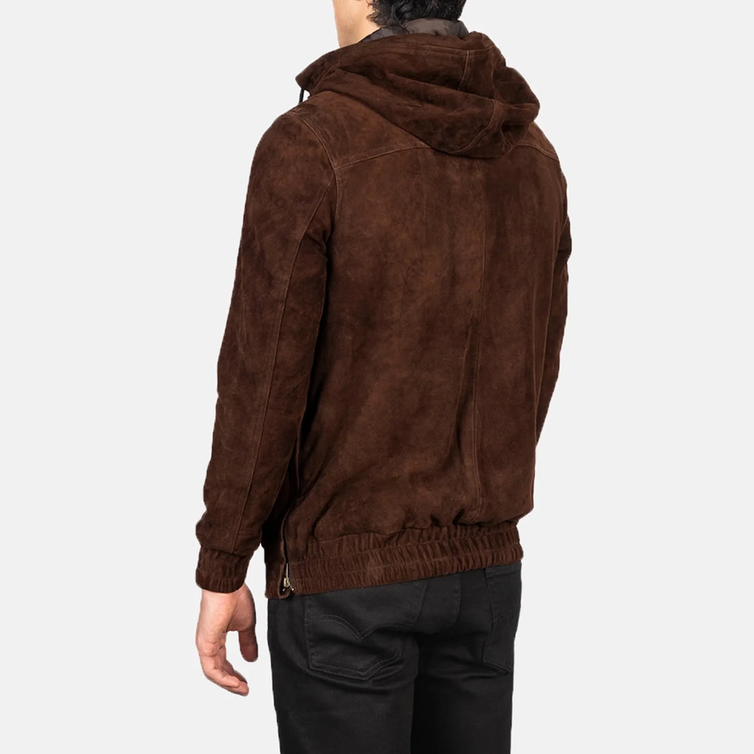 Back view of men's mocha suede pullover jacket by Lush Gear with hood and elastic hem