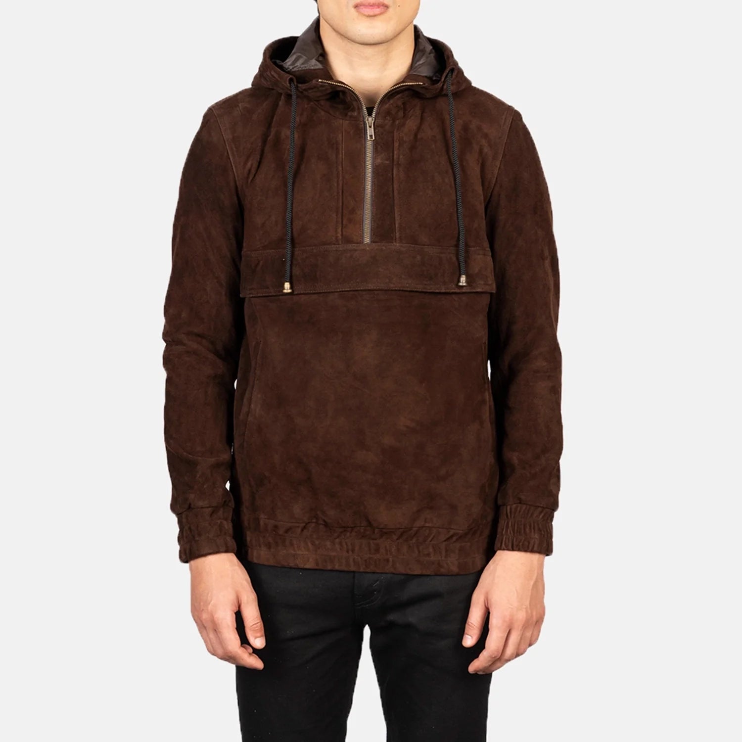 Lush Gear men's mocha suede pullover jacket with front zipper and hood on a male model