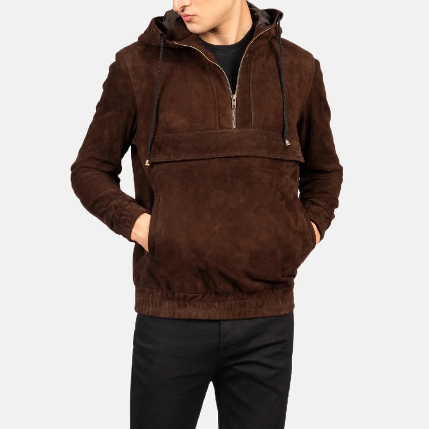 Men wearing men's mocha suede pullover jacket with front zipper and hood from Lush Wear