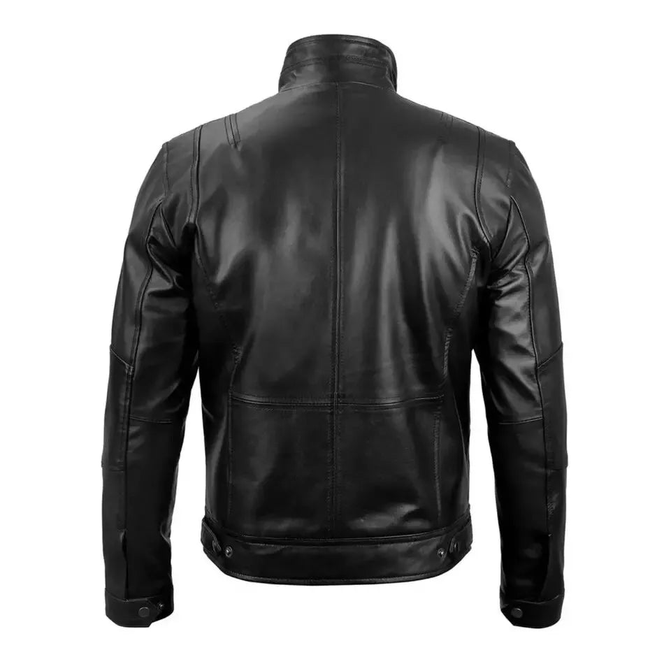 Back view of Men's Moffit Cafe Racer Leather Jacket in black by Lush Gear with stitched detailing