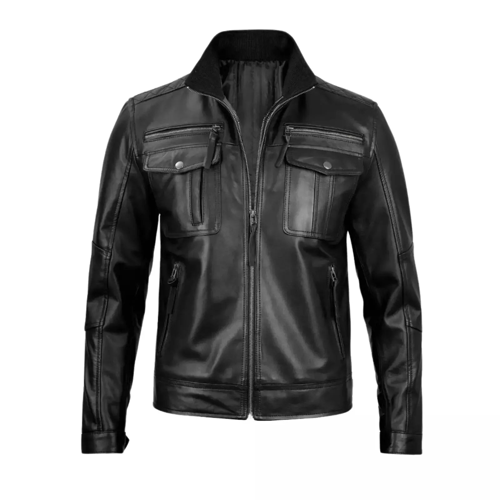 Men's Moffit Cafe Racer Leather Jacket in black with zippered pockets and high collar by Lush Gear