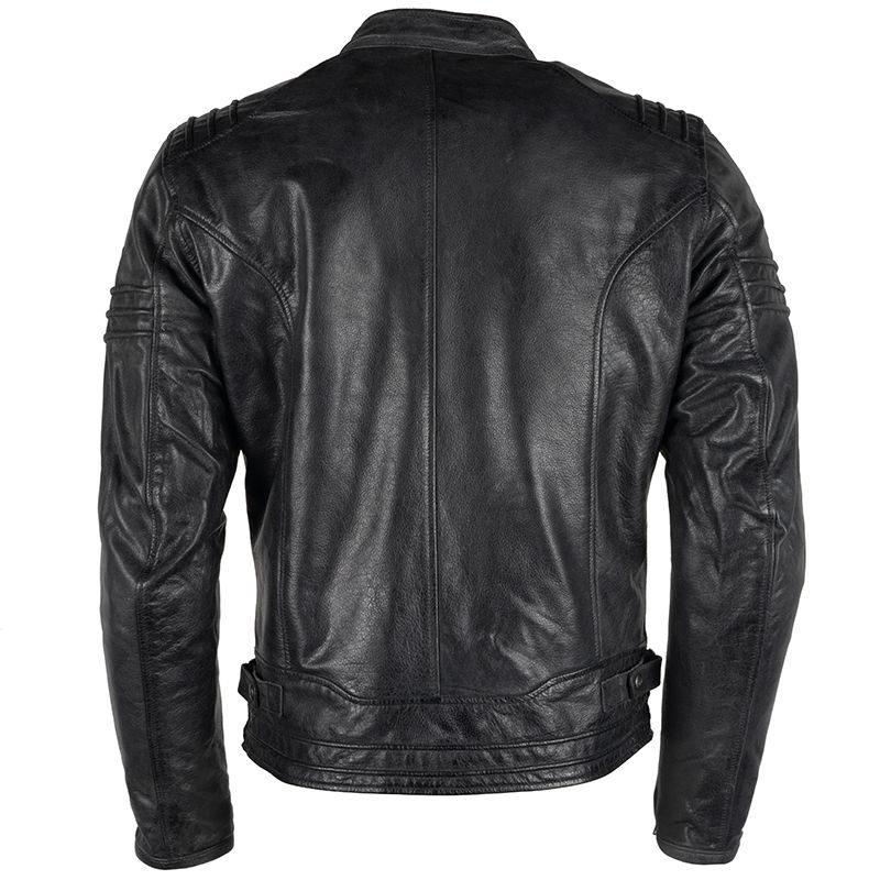 Back view of Lush Gear men's motorcycle leather jacket in black with detailed stitching