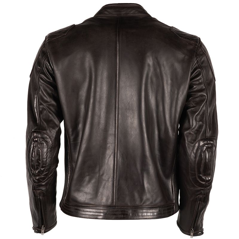 Lush Gear mens motorcycle leather jacket in black showing back view with stitched detailing on sleeves