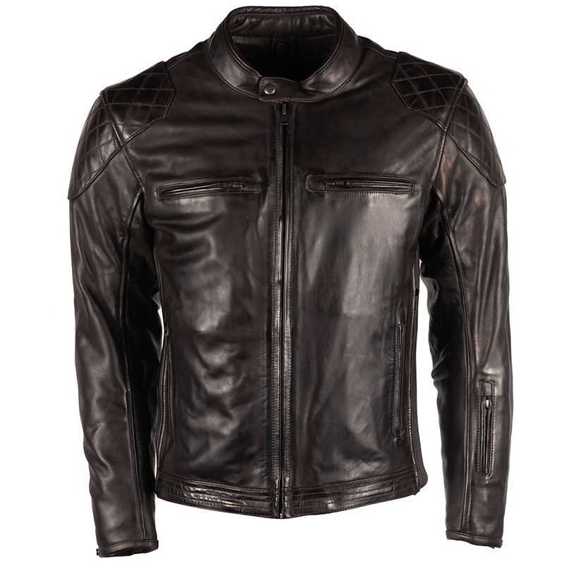 Lush Gear mens motorcycle leather jacket in black with zippered pockets and quilted shoulder detailing