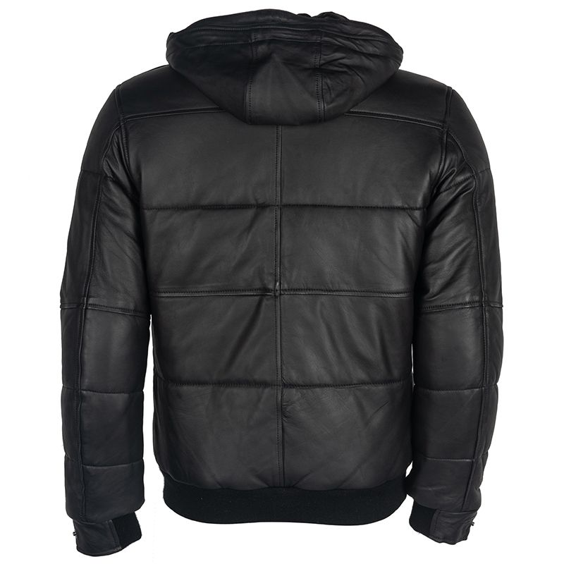 Back view of mens motorcycle leather jacket in black with hood and quilted design by Lush Gear