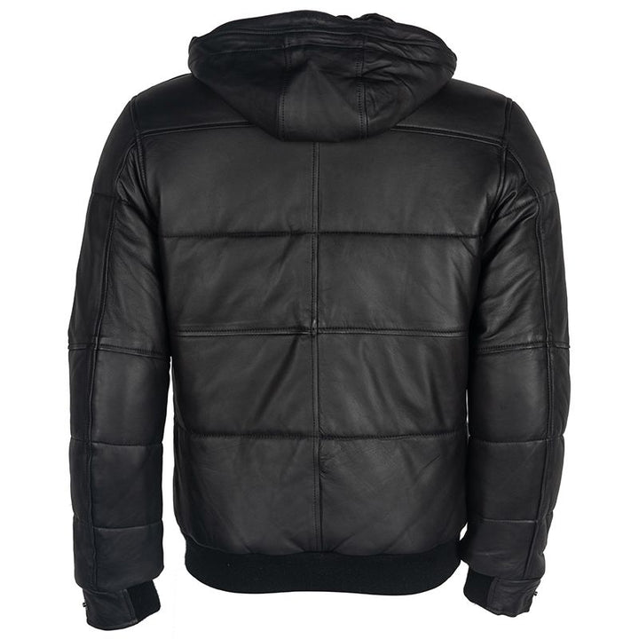 Back view of mens motorcycle leather jacket in black with hood and quilted design by Lush Gear
