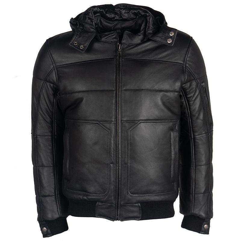 Lush Gear mens motorcycle leather jacket in black with padded design and front zipper closure