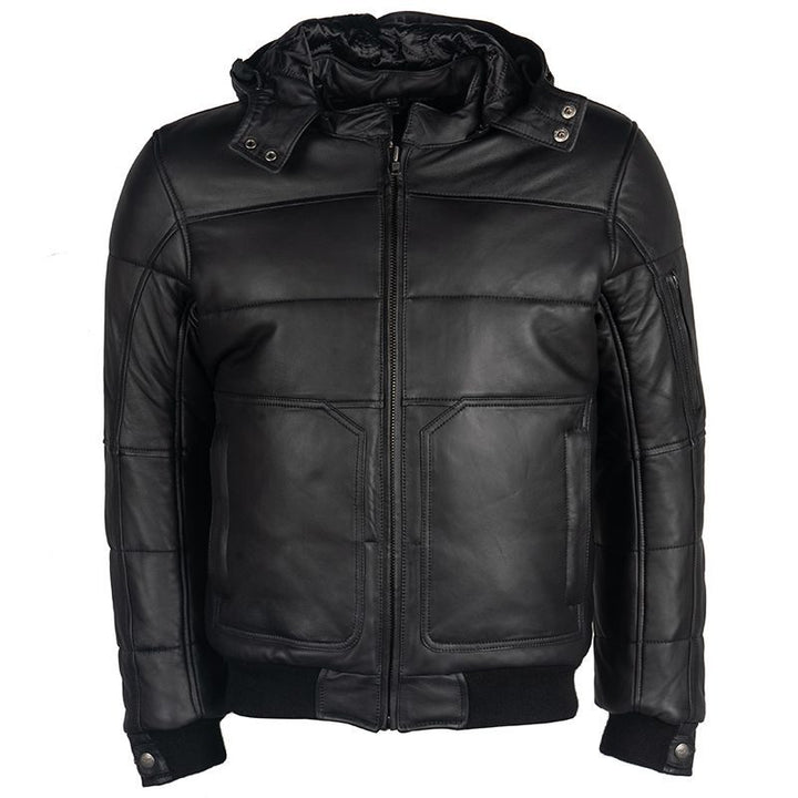 Lush Gear mens motorcycle leather jacket in black with padded design and front zipper closure
