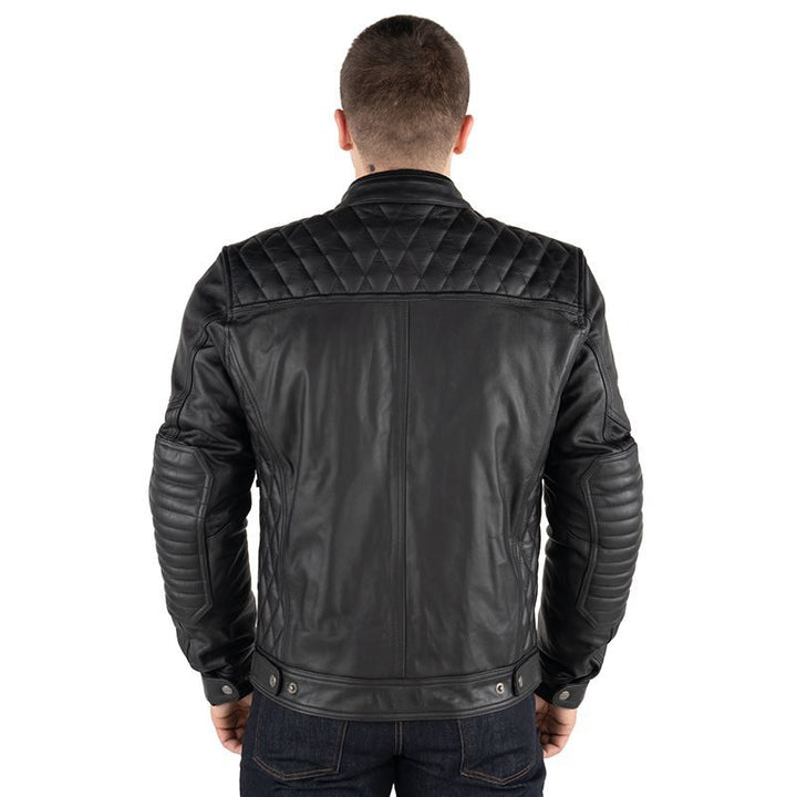 Back view of a men's motorcycle leather jacket in black with quilted shoulder and padded sleeves