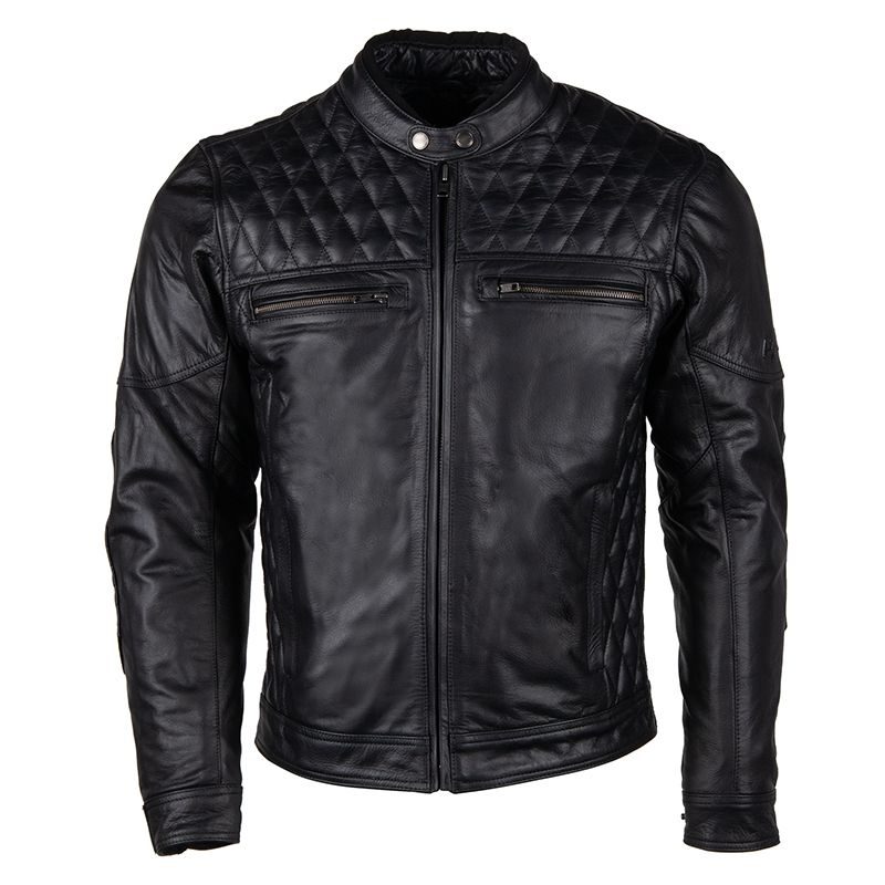 Lush Gear men's motorcycle leather jacket in black with quilted shoulders and zippered chest pockets
