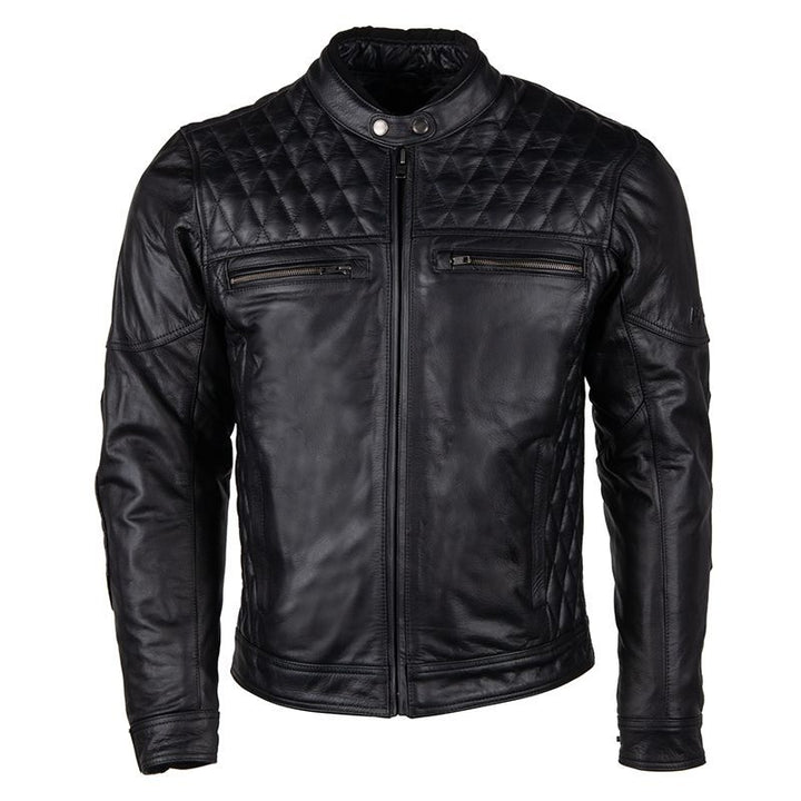 Lush Gear men's motorcycle leather jacket in black with quilted shoulders and zippered chest pockets