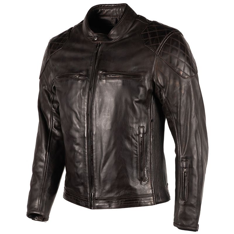 Lush Gear mens motorcycle leather jacket in black with zipper pockets and quilted shoulder design
