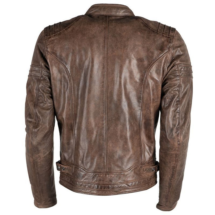 Lush Gear men's motorcycle leather jacket in brown showing back view with stitched detailing