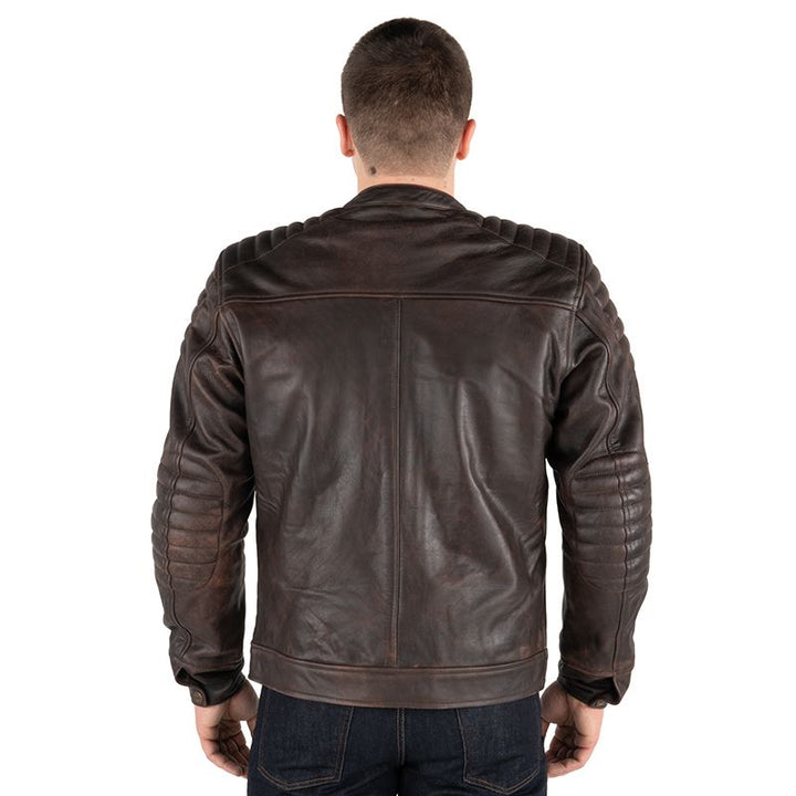 Back view of men's motorcycle leather jacket in dark brown by Lush Gear with quilted shoulder and sleeve details