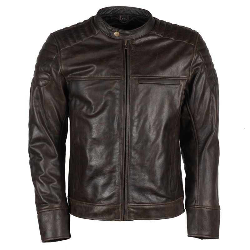 Lush Gear men's motorcycle leather jacket in dark brown with quilted shoulder design and front zipper