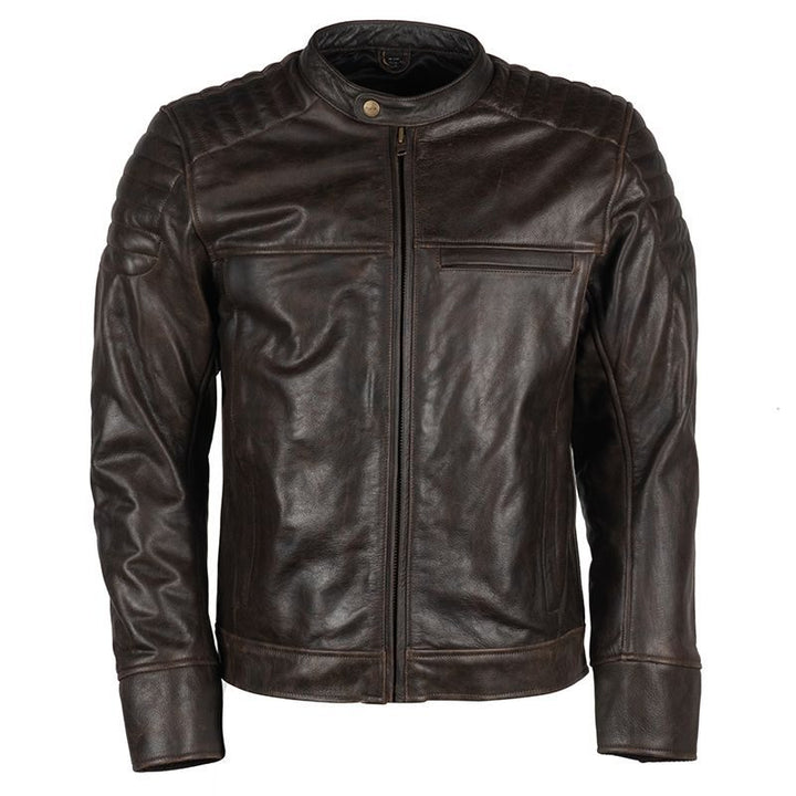 Lush Gear men's motorcycle leather jacket in dark brown with quilted shoulder design and front zipper