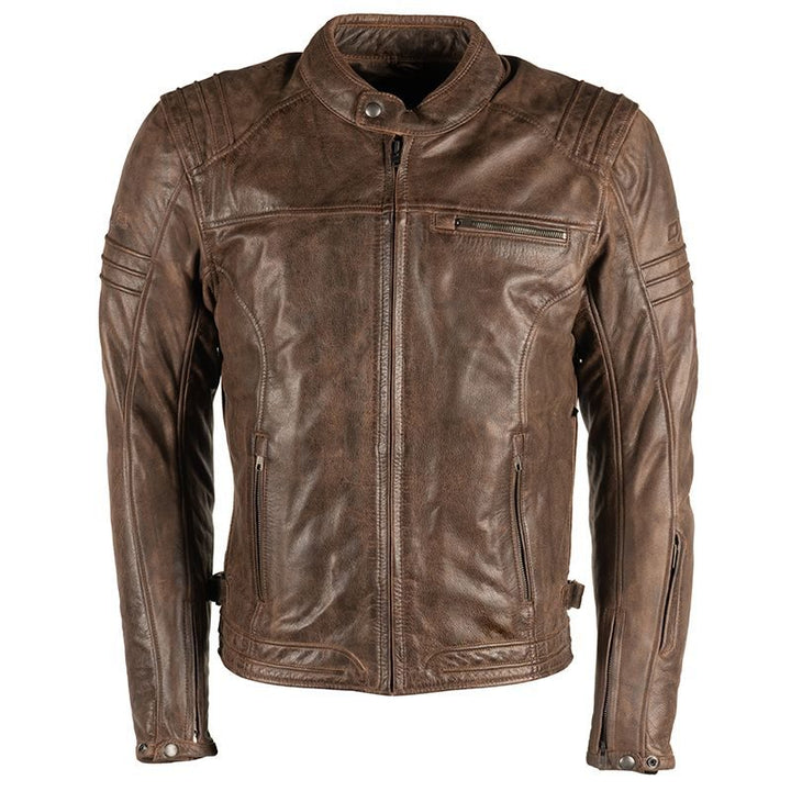 Lush Gear men's motorcycle leather jacket in brown with zippered pockets and quilted shoulder detailing