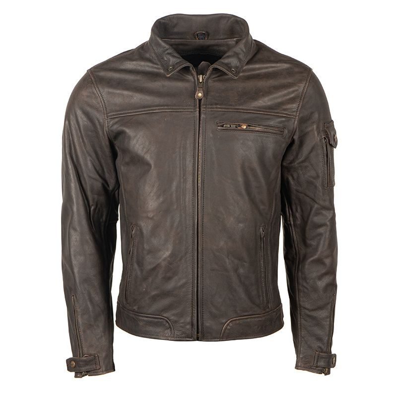 Men's motorcycle leather jacket in dark brown with zippered pockets and collar from Lush Gear