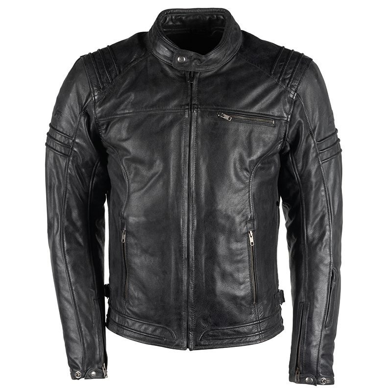 Lush Gear men's motorcycle leather jacket in black with zippered pockets and padded shoulders