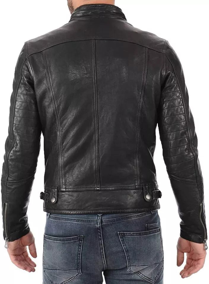 Men's Natural Genuine Lambskin Biker Classic Leather Jacket Stitch Design Zipper shown from back on model