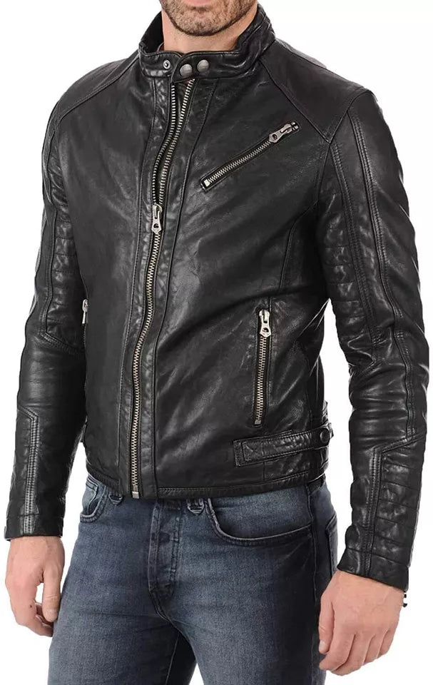 Men's Natural Genuine Lambskin Biker Classic Leather Jacket Stitch Design Zipper worn by male model