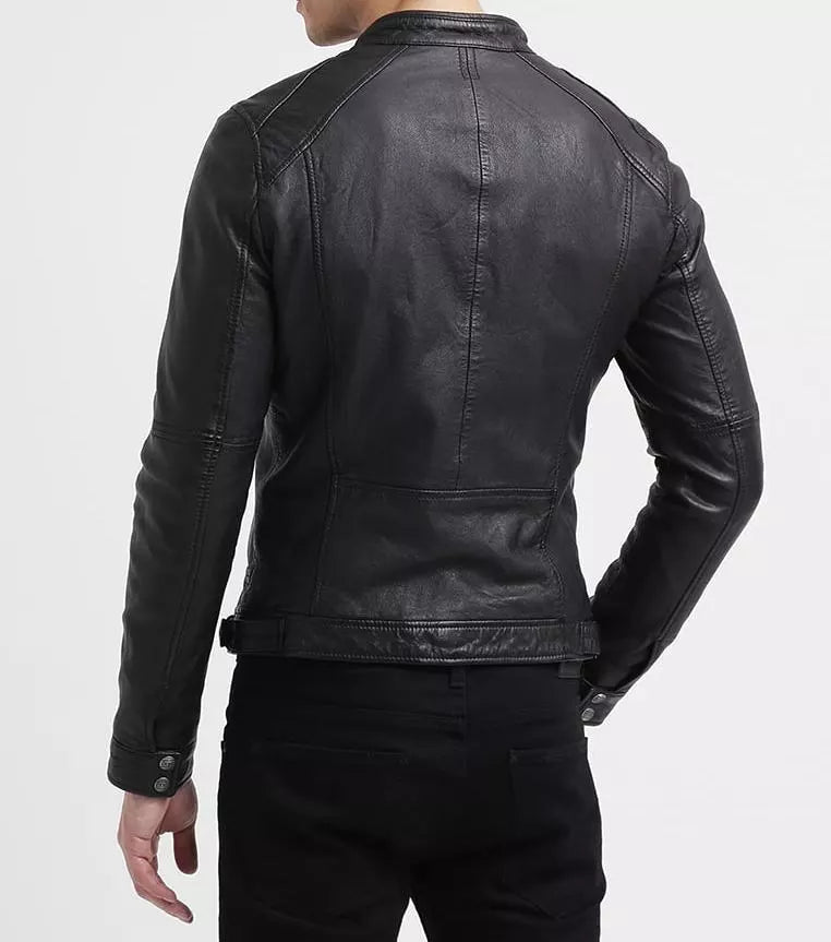 Back view of Men's Oakhood Jacket Black by Lush Gear featuring sleek black leather design with detailed stitching