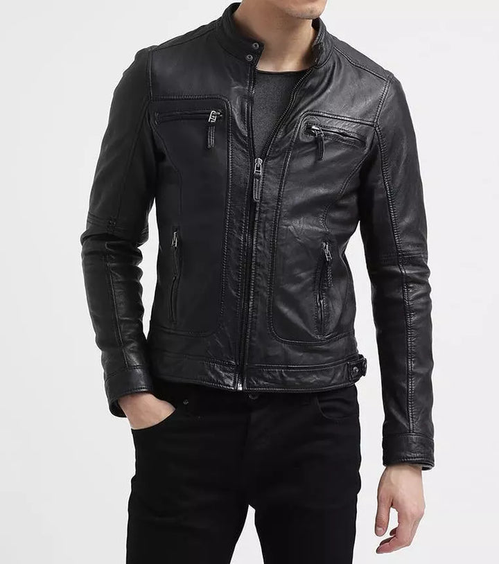 Men's Oakhood Jacket Black styled in a sleek fitted design with zippered pockets and stand collar