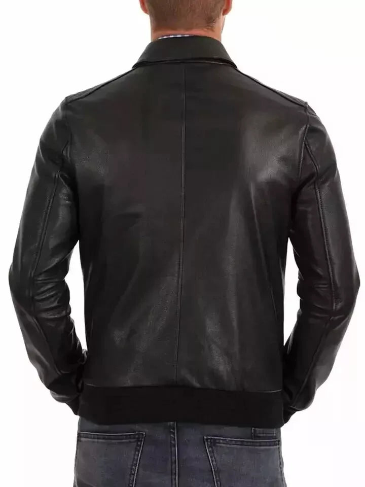 Back view of Men's Osian Black Leather Bomber Jacket by Lush Gear with a sleek fitted design
