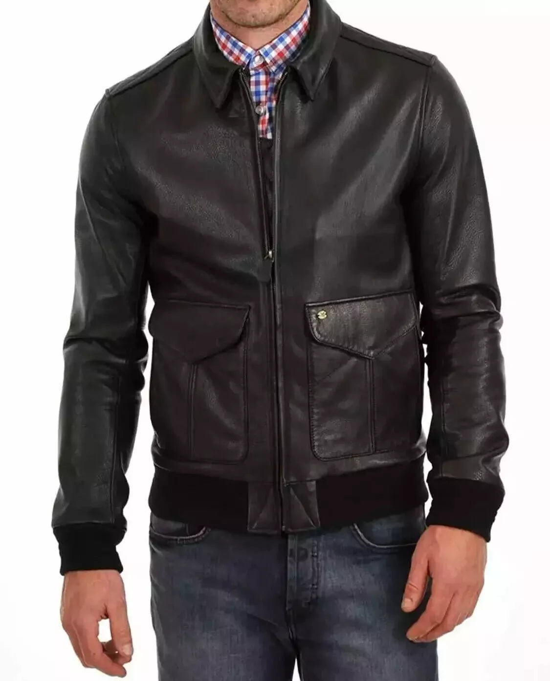 Men's Osian Black Leather Bomber Jacket by Lush Gear with zip front and pocket details on model