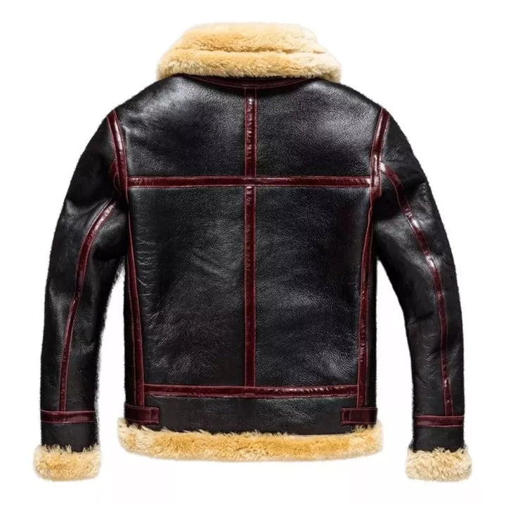 Lush Wear men's RAF B3 bomber jacket in black leather with shearling collar and cuffs