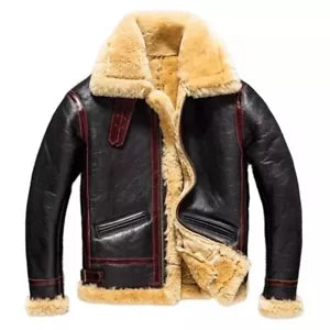 Lush Wear men's RAF B3 bomber jacket in black leather with tan shearling lining and collar