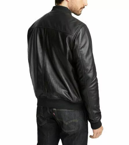 Mens Real Leather Jacket Black Biker Motorcycle Vintage Soft Genuine Lamb Skin shown from back on model wearing jeans