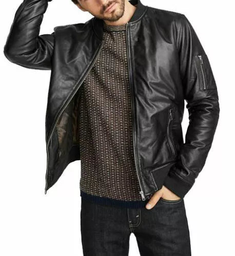 Mens Real Leather Jacket Black Biker Motorcycle Vintage Soft Genuine Lamb Skin by Lush Gear styled with casual sweater and jeans
