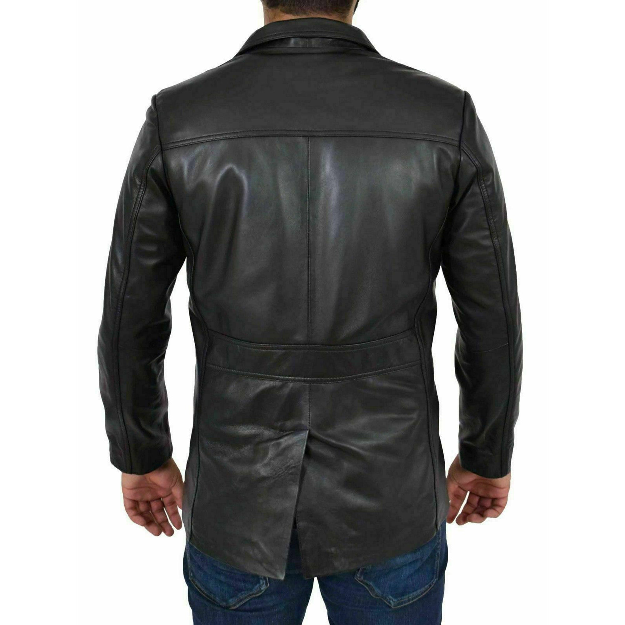 Back view of mens real leather safari jacket in black with long sleeves and tailored fit