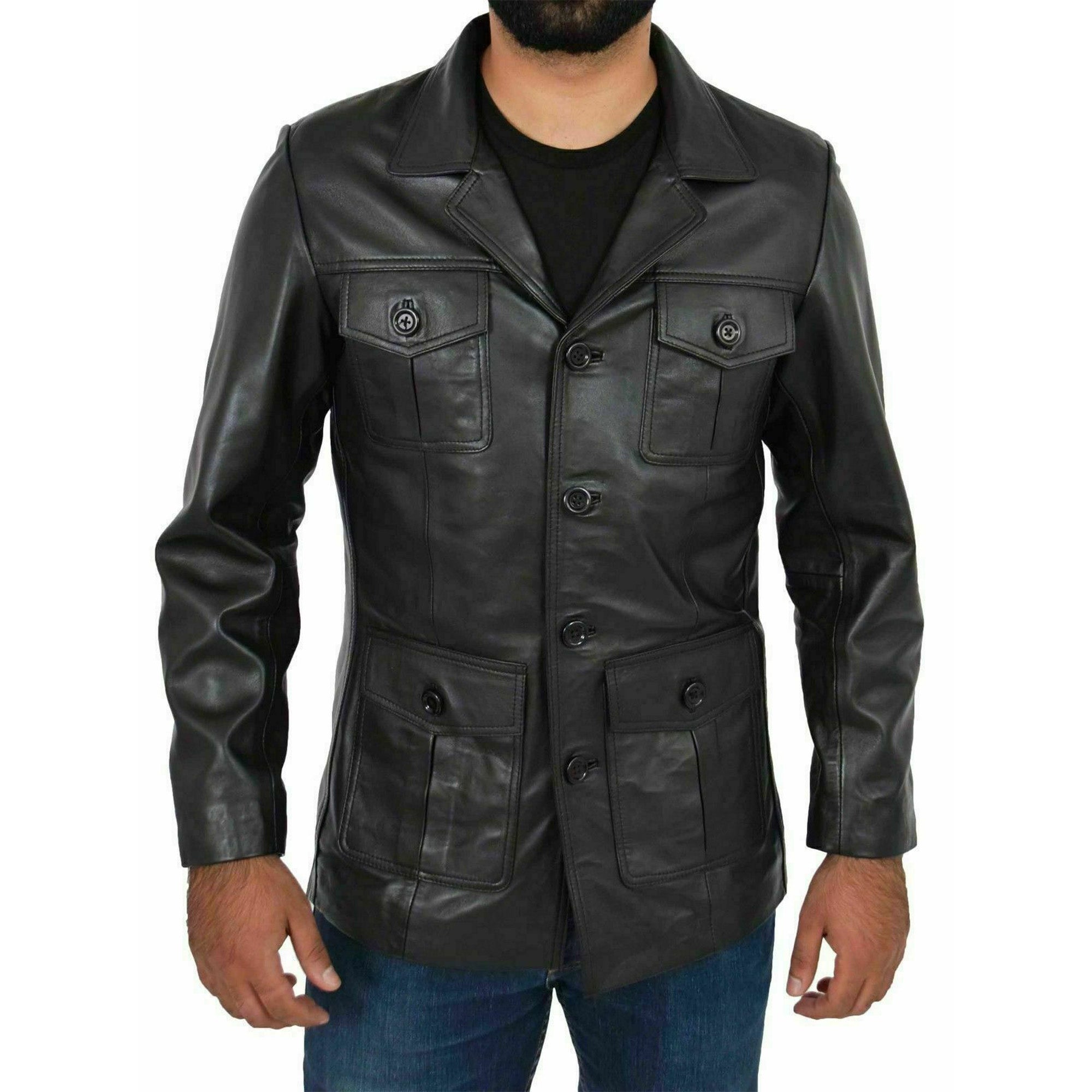 Safariのレザージャケット Mens Real Leather Safari Jacket Retro Black Blazer Coat | Lush Gear