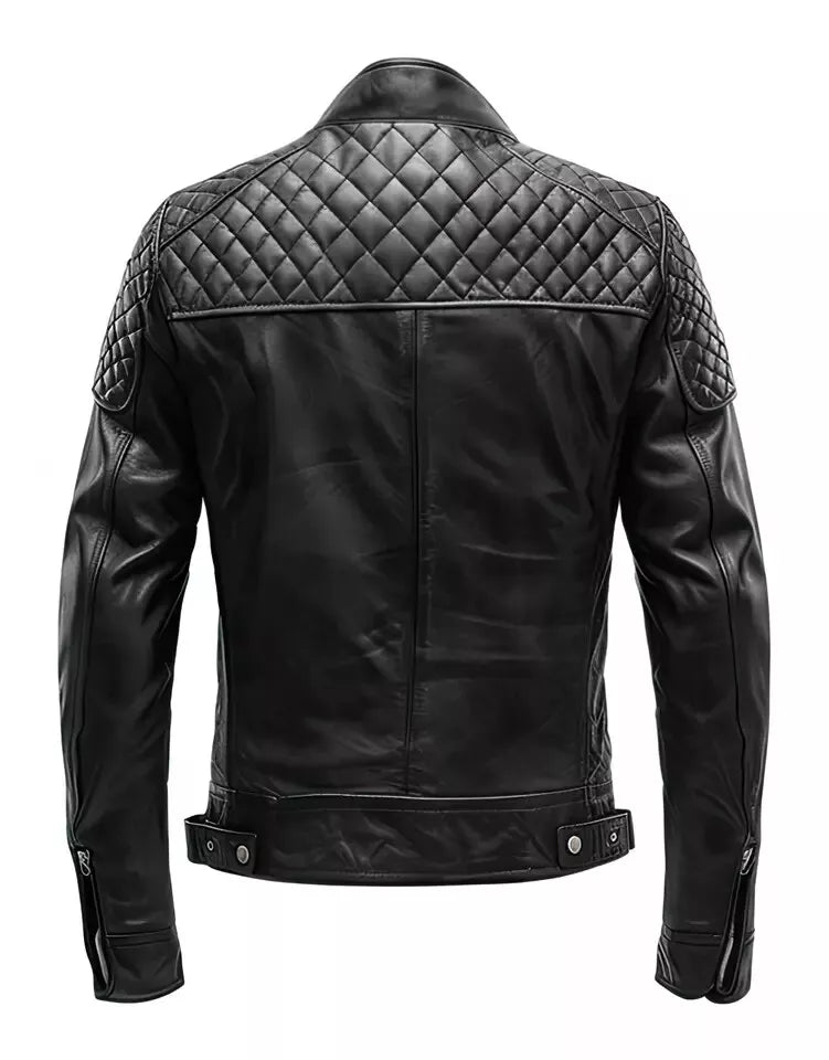 Back view of Men's Retro Motorcycle Jacket Slimfit Cafe Racer Lambskin Leather Jacket in black with quilted shoulders