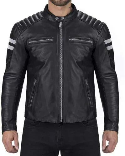 Lush Gear Men's Retro Motorcycle Jacket Slimfit Cafe Racer Lambskin Leather Jacket in black with zippered pockets and quilted shoulders