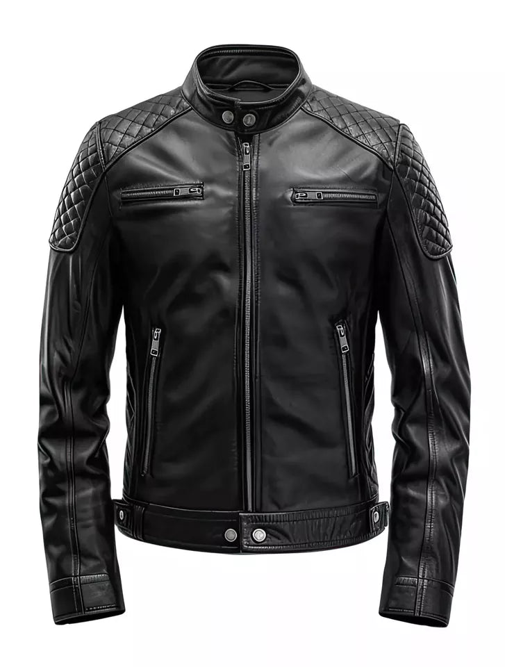 Men's Retro Motorcycle Jacket Slimfit Cafe Racer Lambskin Leather Jacket black with quilted shoulders and zippered pockets