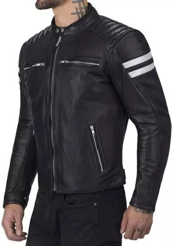 Men's Retro Motorcycle Jacket Slimfit Cafe Racer Lambskin Leather Jacket in black with zipper pockets and white stripes on sleeve