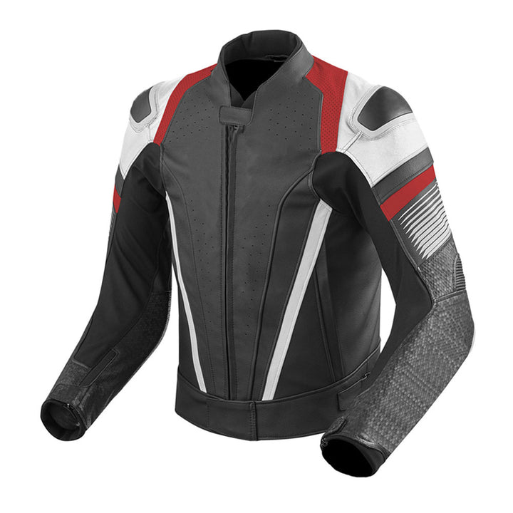 Lush Gear men's riding leather jacket in black with red and white accents and protective armored sleeves