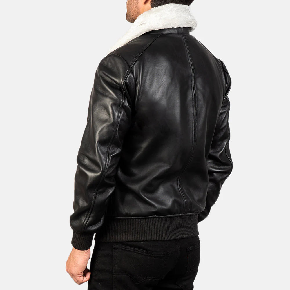 Lush Wear men's shearling collar bomber jacket in black leather shown from back