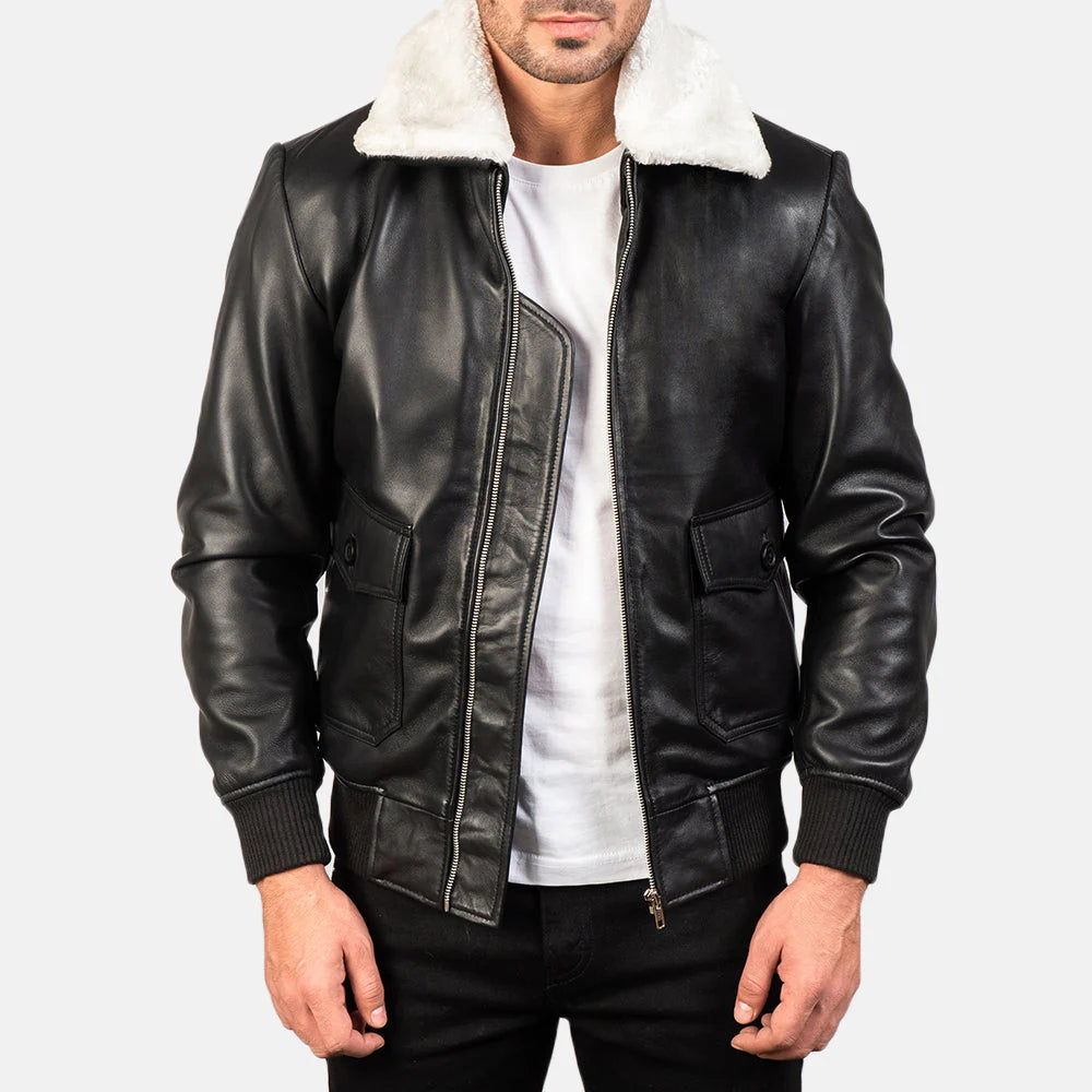 Lush Wear men's shearling collar bomber jacket in black leather with white fur collar and front pockets