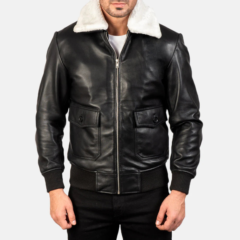 Lush Wear men's shearling collar bomber jacket in black leather with front zipper and button pockets