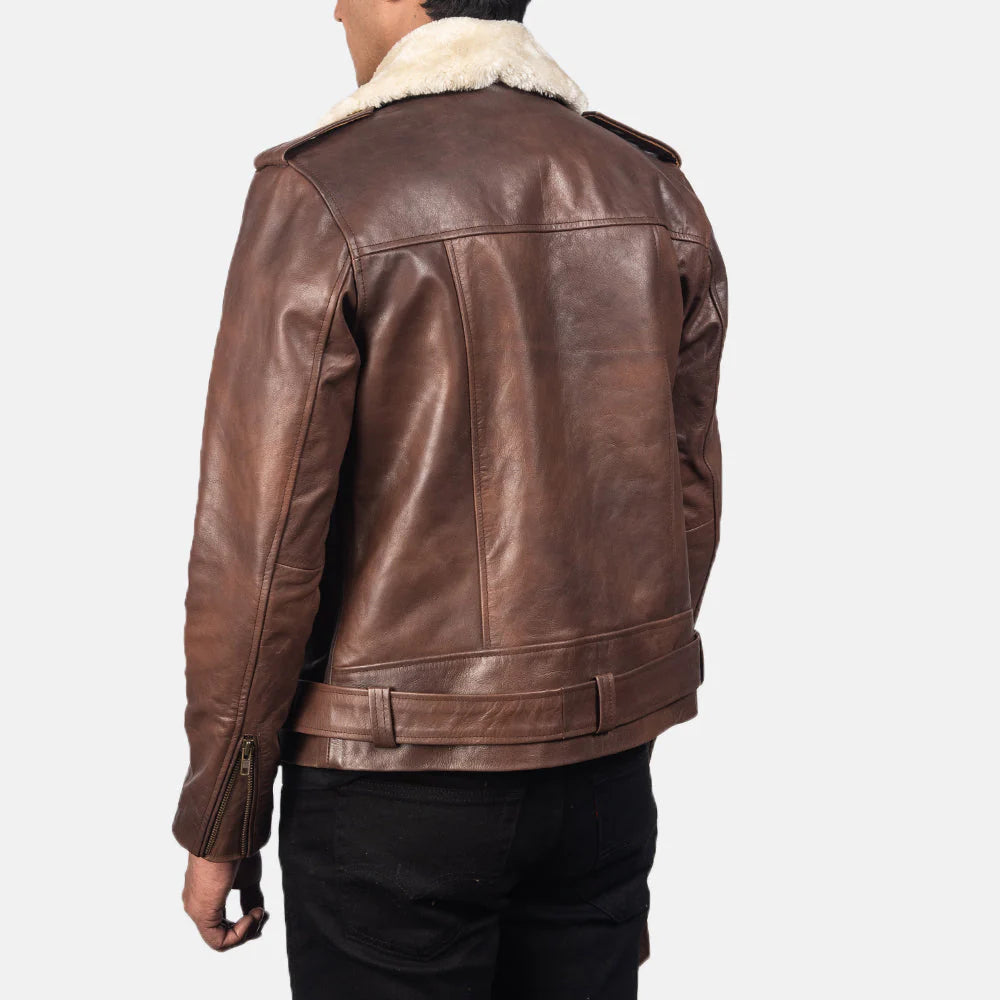 Lush Gear men's shearling collar leather jacket in brown shown from the back with detailed stitching