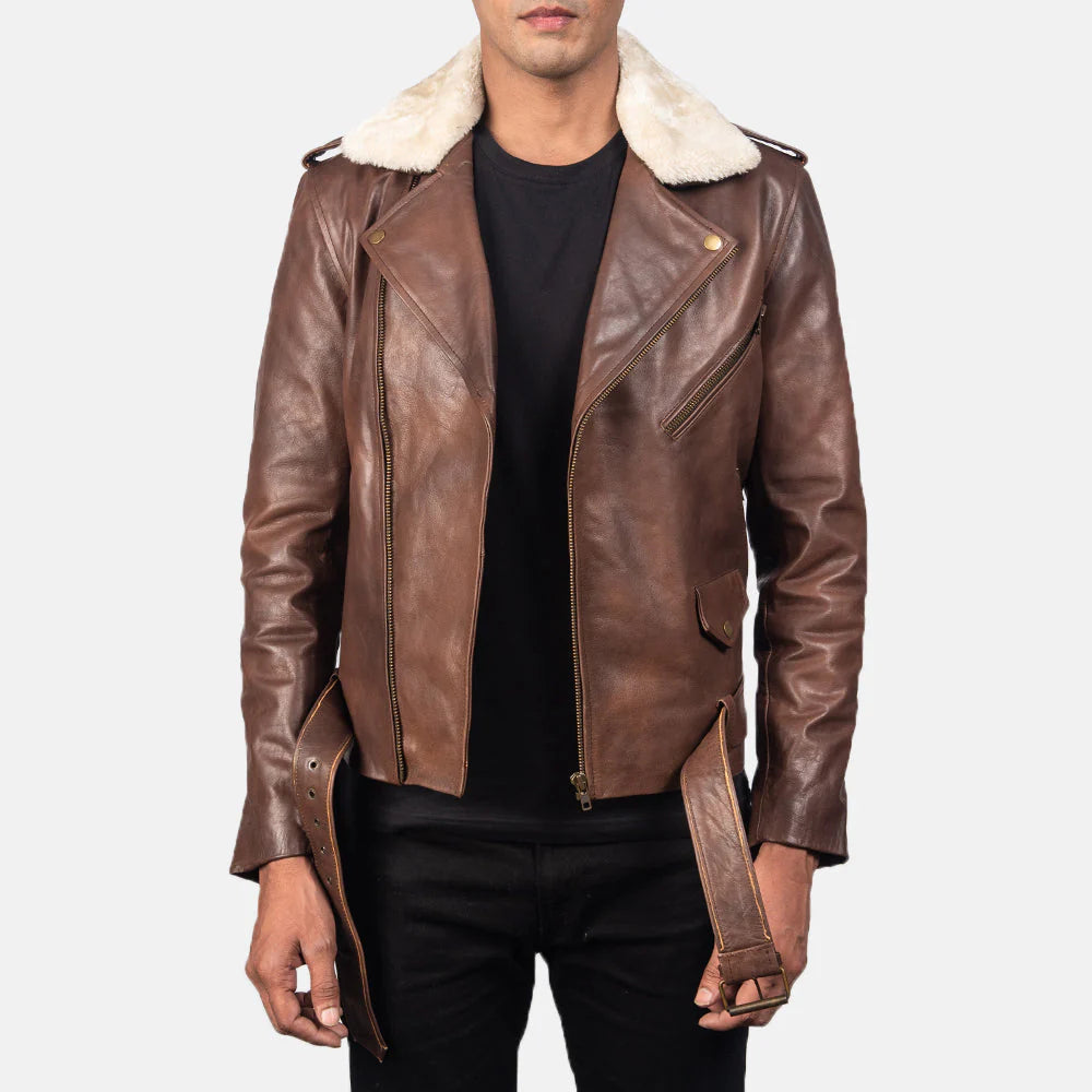 Lush Gear men's shearling collar leather jacket in brown with zipped pockets and belt detail