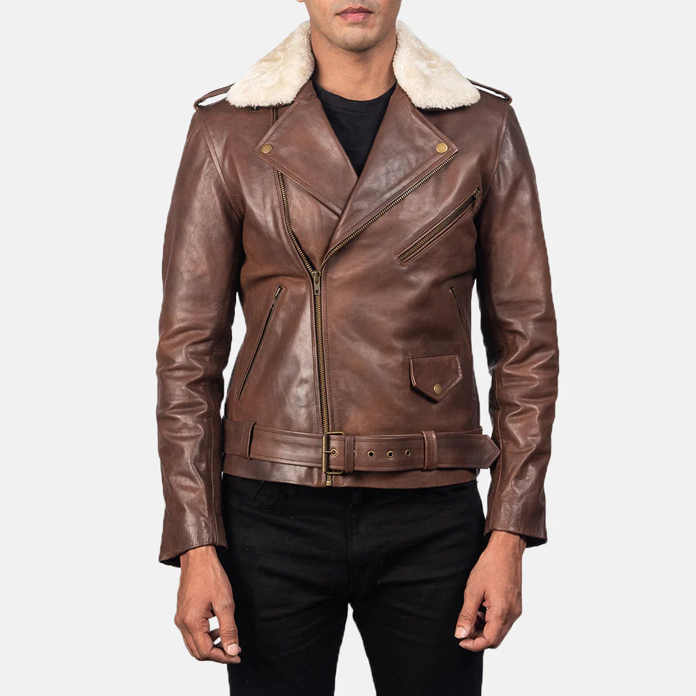 Lush Gear men's shearling collar leather jacket in brown with zipper and belt details