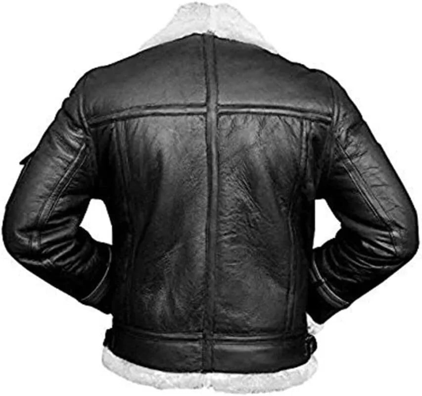 Back view of men's shearling flight jacket in black leather with white shearling collar and trim