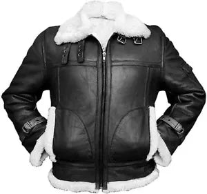 Lush Gear men's shearling flight jacket in black with white fur collar and cuffs