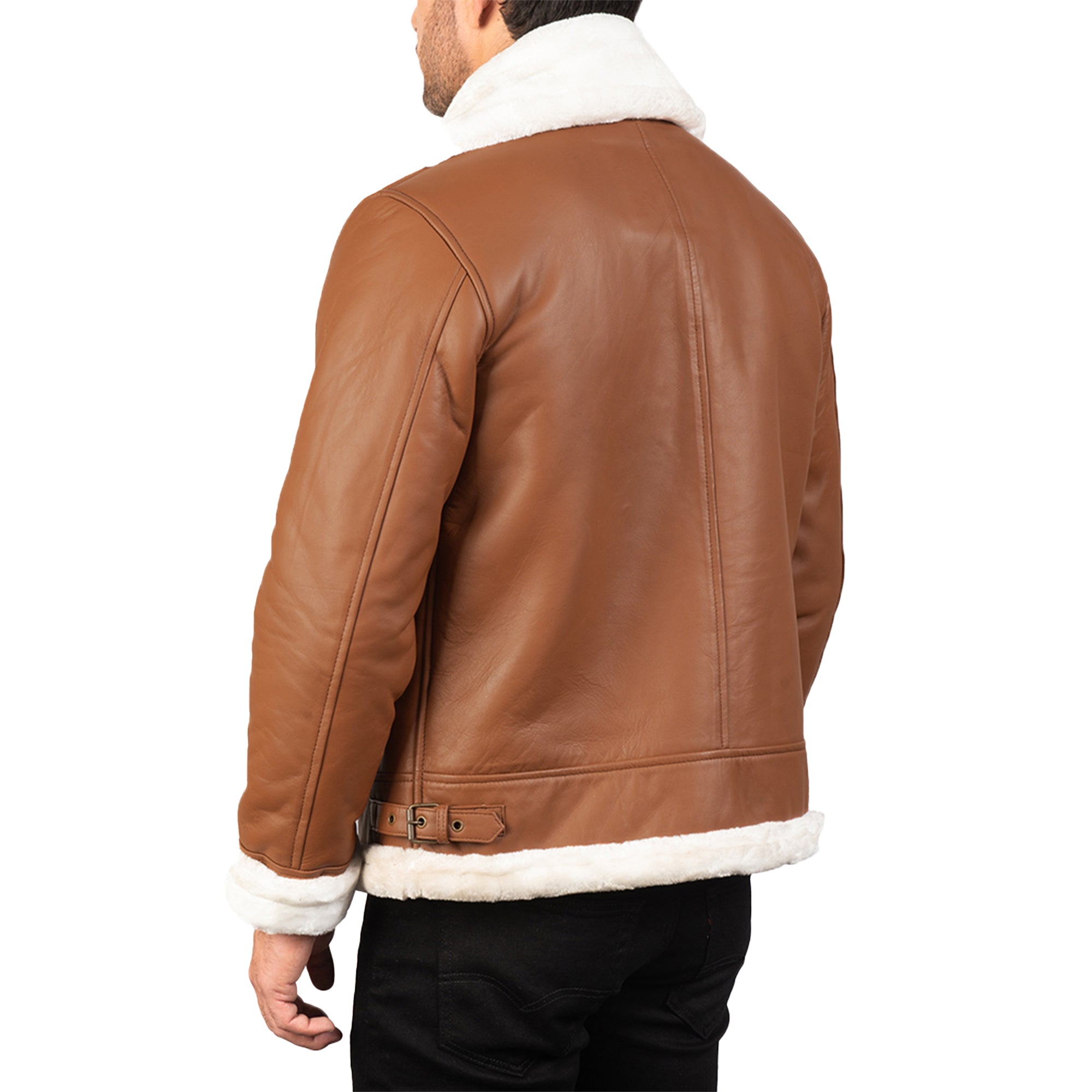 Lush Wear men's shearling jacket in brown leather with white fur collar and cuffs shown from back