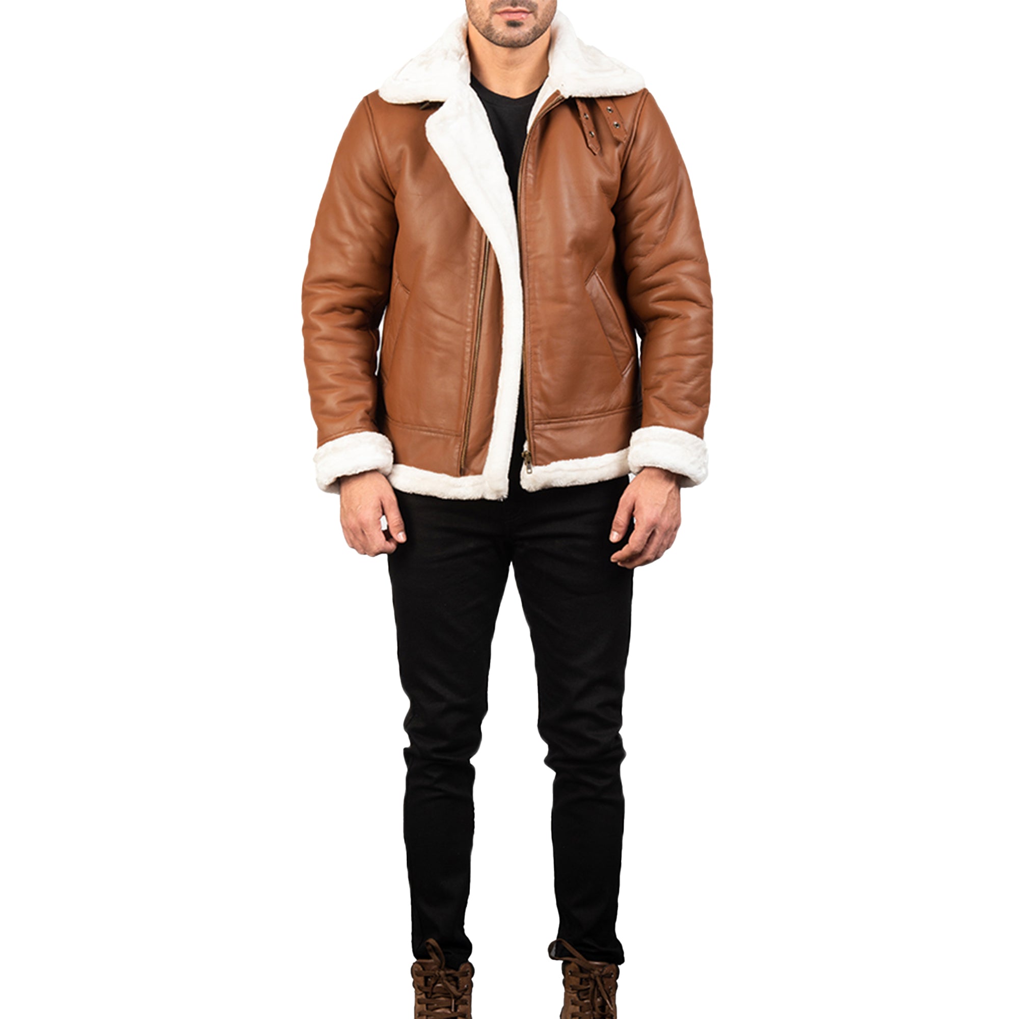 Lush Wear men's shearling jacket in brown with white fur lining and collar worn with black pants